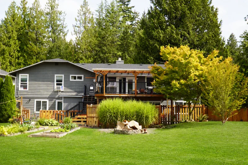 The rear deck and garden behind the home