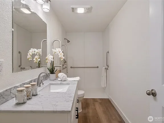 Bathroom with grab bars beside the toilet and a step-free shower
