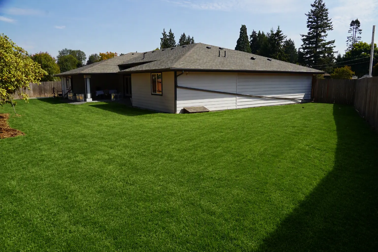 Large fenced back lawn behind the house